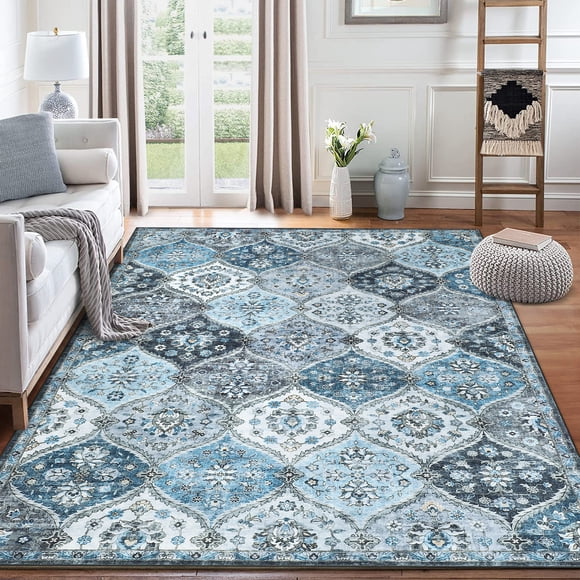 8' x 10' Washable Area Rug Moroccan Trellis Entryway Rug Doormat Stain Resistant, Non-Slip Accent Rug Vintage Medallion Distressed Floor Carpet for Front Entrance Kitchen Bathroom, Blue/Grey