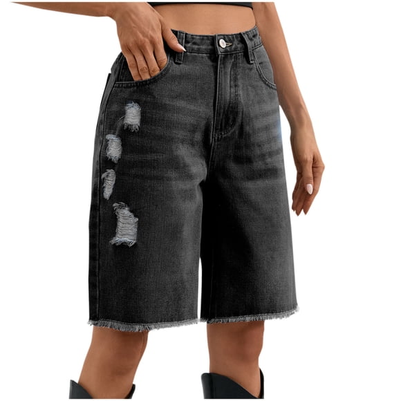 FRSASU Women's Jorts Hip Hop Loose Fit Baggy High Waisted Jean Shorts Ripped Denim Streetwear Bermuda Shorts Black
