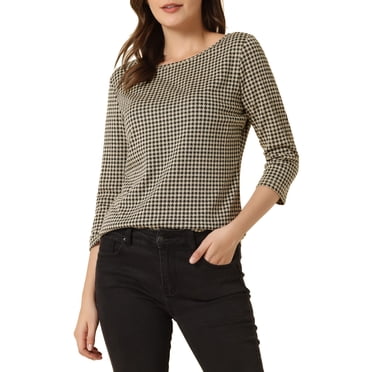 INSPIRE CHIC Haut à Carreaux Pied-de-Poule pour Femme Manches 3/4 Encolure Bateau Extensible Blouse de Bureau TG Noir Kaki