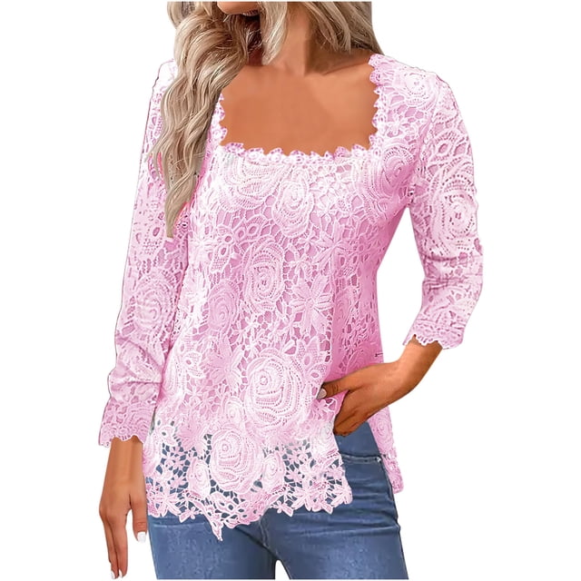Timegard Hauts pour Femmes Dentelle Col Carré Manches Longues Blouse Couleur Unie Automne Tunique Décontractée Habillée