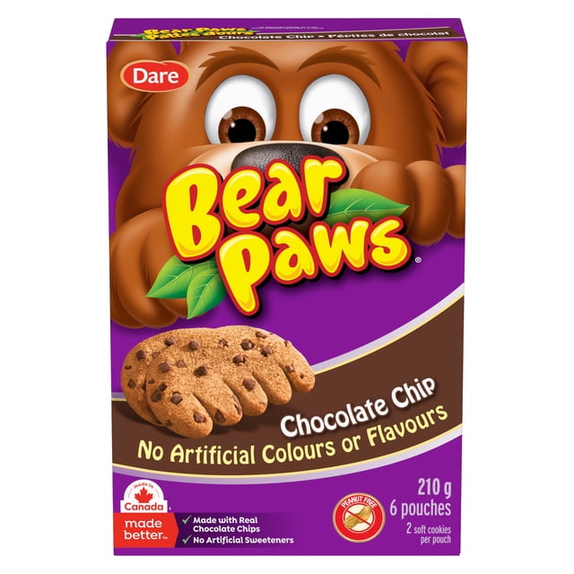 Bear Paws Chocolate Chip cookies box with a cartoon bear face on purple and brown packaging, showing soft chocolate chip cookies shaped like bear paws, labelled peanut-free, made with real chocolate chips, no artificial colours or flavours, containing six individually wrapped pouches totaling 210 grams, suitable for lunchboxes or snacks.