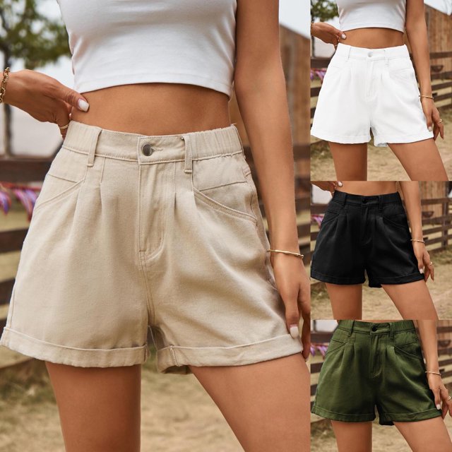 Jovati Casual Short Jeans for Women, Mid-Rise Button-Front Zipper Denim Shorts with Functional Pockets, Solid Color, Lightweight 100% Denim Fabric