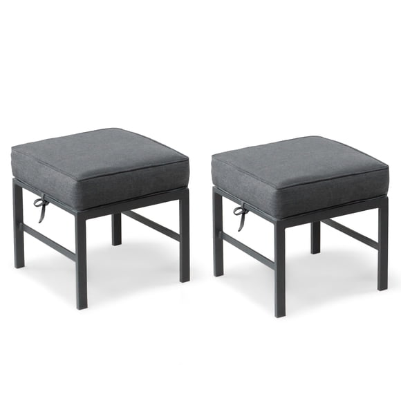 Auzfy 2 Pieces Outdoor Ottomans for Patio Assembled Aluminum Outdoor Patio Footstool with Gray Cushions Small Aluminum Patio Seat for Porch Yard Garden Deck Grey Frame