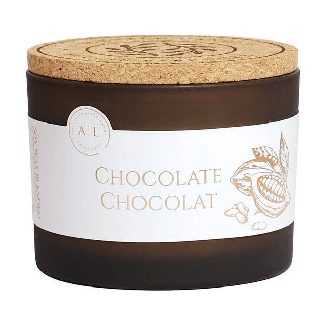 12oz Chocolate Soy Wax Blended Scented Candle in a matte dark brown glass jar with a natural cork lid embossed with a floral design, wrapped with a white label reading 'Chocolate Chocolat' and showing a cocoa pod illustration, ideal for enhancing home décor with warm, rich fragrance.