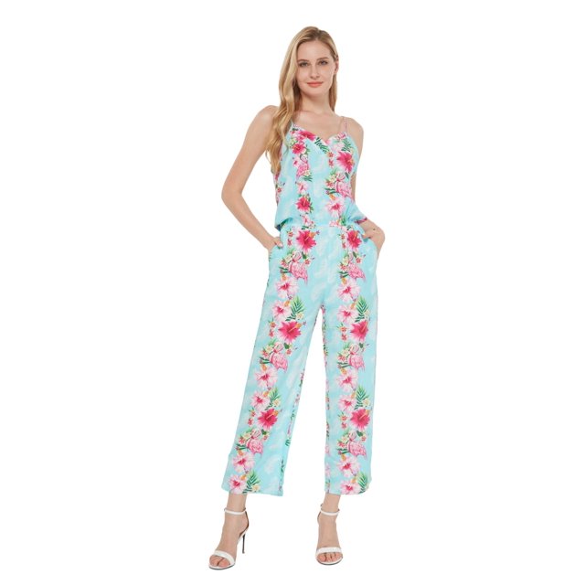Combinaison à Bretelles Hawaïenne pour Femme en V avec Poches, Rose Turquoise, Hibiscus Vine, L