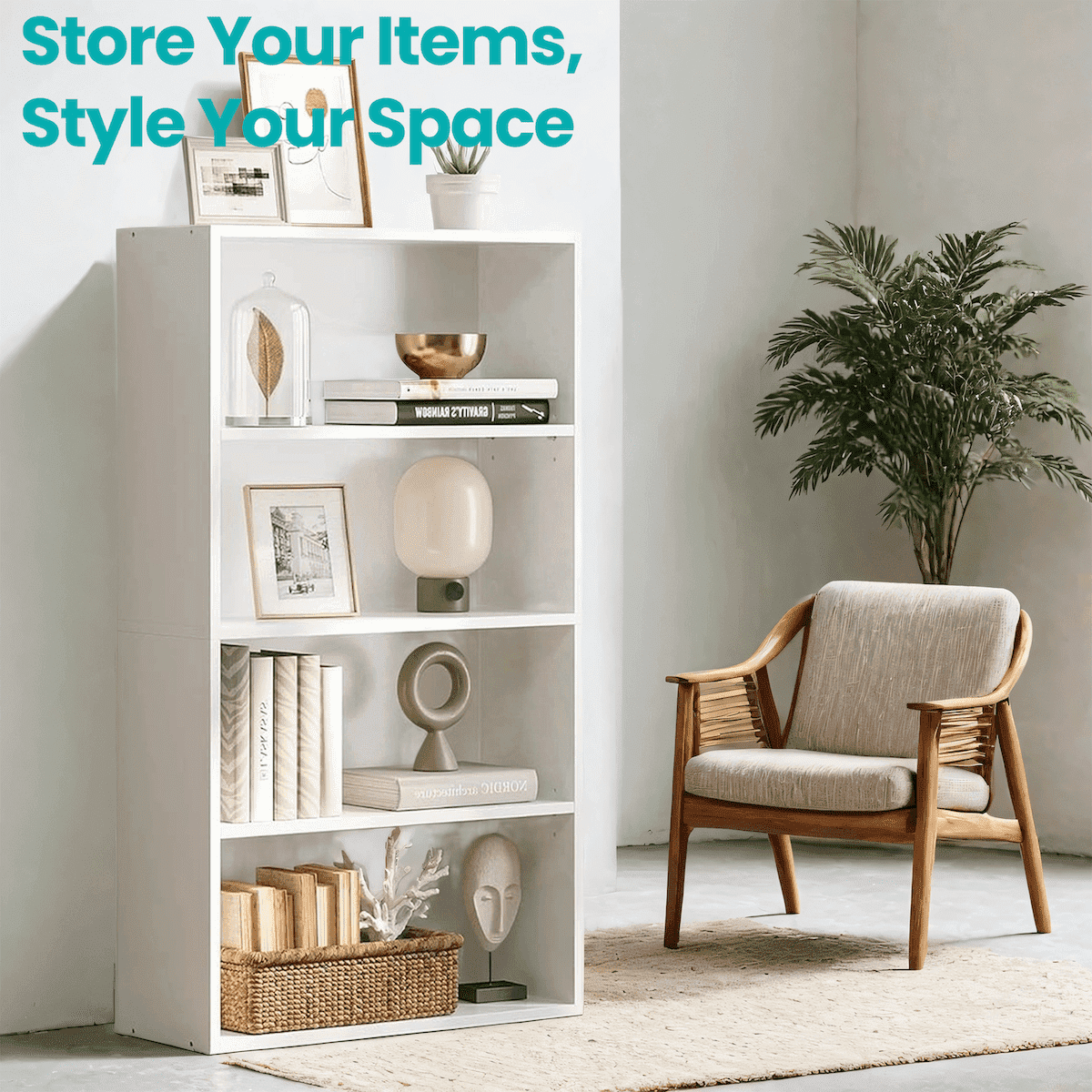 LEDREM 4-Tier Adjustable Bookcase, Open Bookshelf, Storage Shelf Organizer, 22lb Capacity per Shelf, for Home, Office, Cloud White