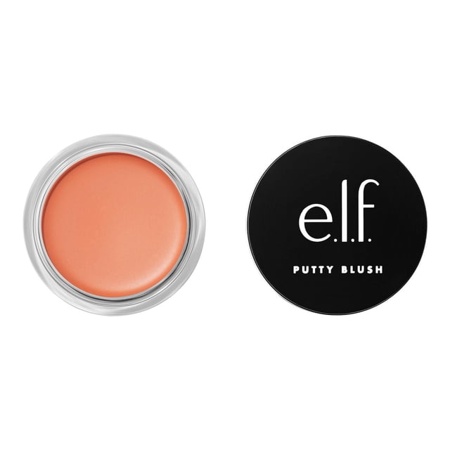 e.l.f. cosmetics Putty Blush in a clear round jar with a black lid featuring the e.l.f. logo and 'Putty Blush' text, showing a smooth peach cream blush that blends seamlessly for a natural flushed look, infused with argan oil and vitamin E, suitable for buildable cheek colour in makeup routines.