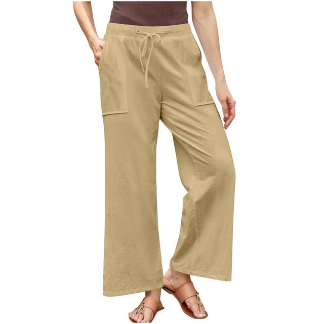 Timegard Pants for Women Plus Size Drawstring Waist Straight Leg Lightweight Casual Loose Trousers