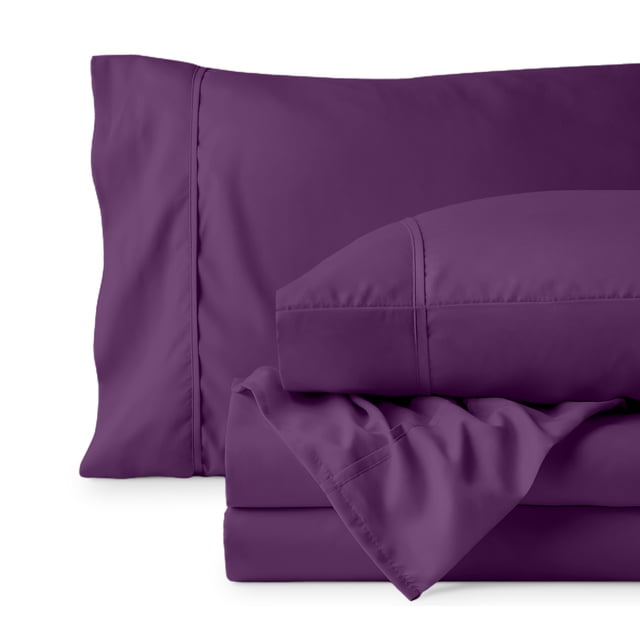 Bare Home Premium 1800 Collection Ensemble de Draps 4 Pcs, Double-TG, Prune