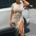 thumbnail image 2 of Birdeem Fashion Women Sexy Round Neck Printing Short Sleeve Slim Drawstring Slitting Dress, 2 of 4