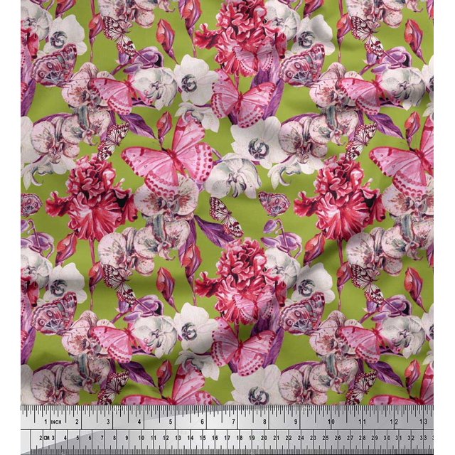 Soimoi Rayon Fabric Butterfly & Orchids Floral Print Fabric by The Yard 42 Inch Wide