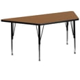 thumbnail image 1 of 29.5''W x 57.25''L Trapezoid Oak Thermal Laminate Activity Table - Height Adjustable Short Legs, 1 of 5