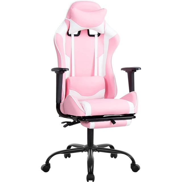BestOffice Gaming Chair in pink and white faux leather with ergonomic design, adjustable swivel, reclining backrest, lumbar support, headrest, and footrest. Ideal for gaming furniture setups or office use, featuring a racing-style bucket seat and smooth-rolling casters on a sturdy black metal base.
