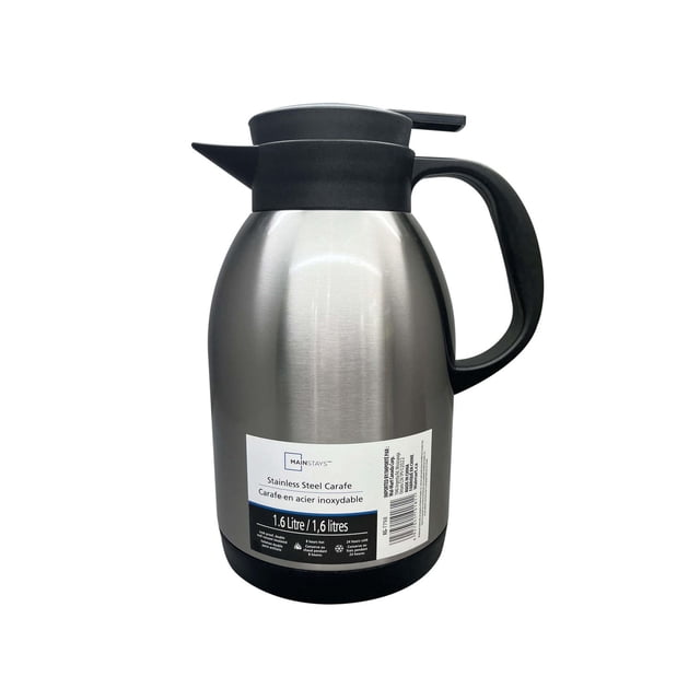 1.6L MS Carafe SS stainless steel thermal carafe with black plastic handle and lid, featuring a spout and 1.6 litre capacity label, designed to keep beverages hot or cold, suitable for kitchenware and lunch settings.