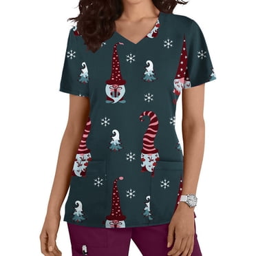 jsaierl Christmas Scrub Tops Women Short Sleeve Christmas Print Nurse Uniform Round Neck Shirt Plus Size Tees Blouse Top for Women Fashion 2024