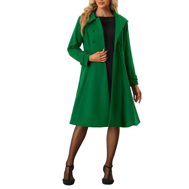 INSPIRE CHIC Women's Vintage Solid A Line Double Breasted Collared Winter Overcoat XS Green