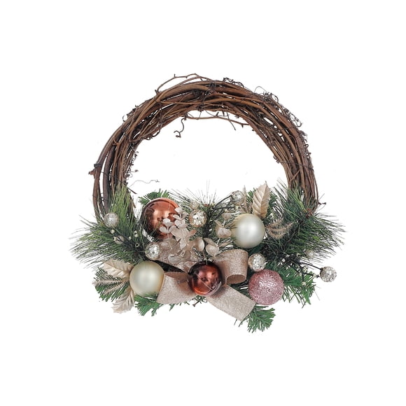 Couronne De Pin Avec Nœuds Et Boules En Rotin