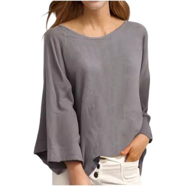 Timegard Plus Size Tops for Women Scoop Neck Long Sleeve Blouse Casual Solid Color Loose Shirts Tops