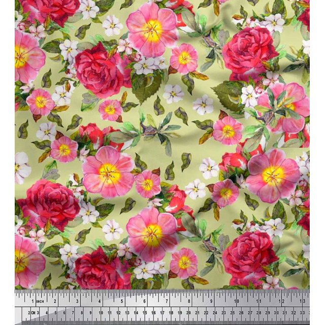 Soimoi Tissu en Poly Georgette Feuilles, Clématites & Roses Imprimés Floraux au Mètre 42 Pouces de Large