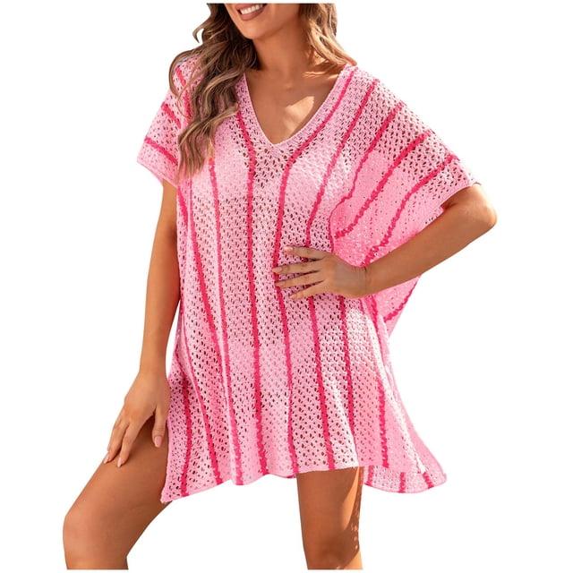 Plebaso Paréo de Maillot de Bain pour Femme, Rayé, Plage, Col en V, Cache-Maillot Bikini, Fente Latérale, Robe de Bain au Crochet