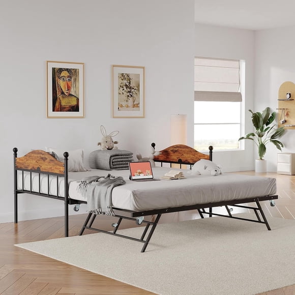 Memoryfield Lit de Jour Double avec Tiroir-Lit Escamotable, Cadre en Métal avec Tête de Lit Élégante, Plateforme à Lattes en Acier, Canapé-Lit Convertible pour Salon, Chambre d'Amis et Chambre, Brun