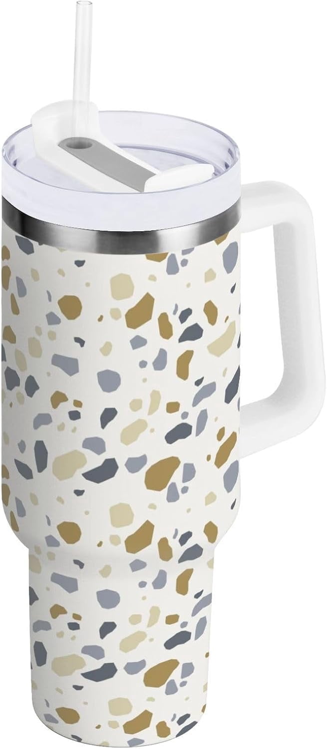 Gobelet de 30 oz avec Poignée, Couvercle et Paille, Gobelet d'Eau Isolé, Tasse d'Eau en Acier Inoxydable, Tasse Bouteille, Support de Tasse Réutilisable, Terrazzo Convivial