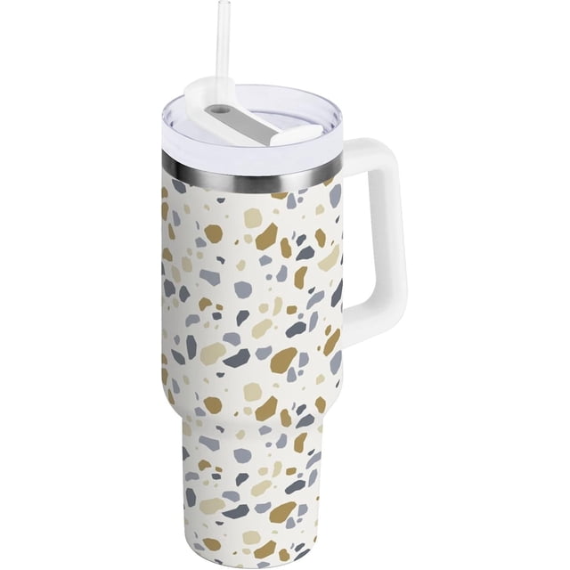 Gobelet de 30 oz avec Poignée, Couvercle et Paille, Gobelet d'Eau Isolé, Tasse d'Eau en Acier Inoxydable, Tasse Bouteille, Support de Tasse Réutilisable, Terrazzo Convivial
