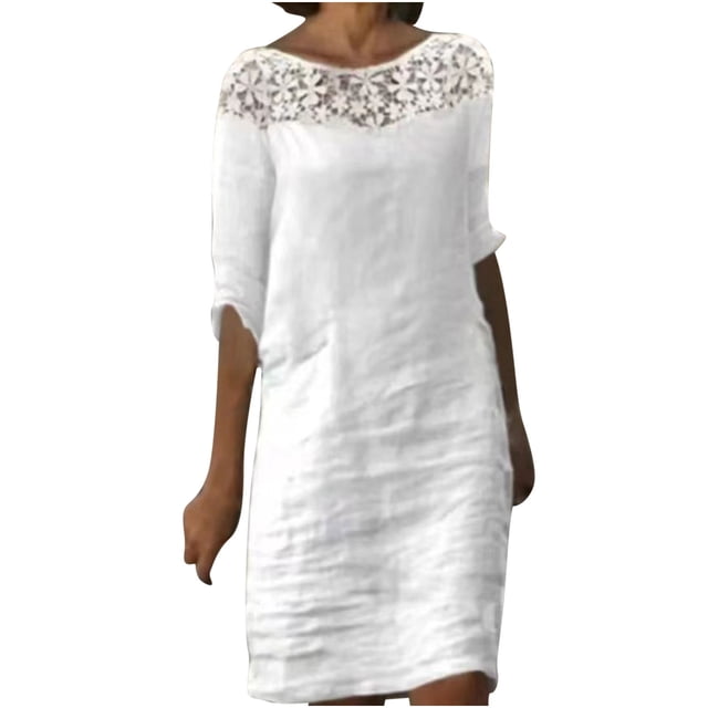 Robes pour Femmes en Coton et Lin Blanc à Manches Courtes, Dentelle Florale au Crochet, Robe T-Shirt d'Été Décontractée, Tunique Ample, Robe Droite
