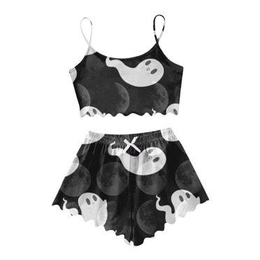 HNMKIU Halloween Ensemble de Pyjama pour Femmes à Imprimé de Dessins Animés, Doux, Manches Courtes, Tenue de Nuit Confortable, Tenue de Sommeil Douillette, Noir, P