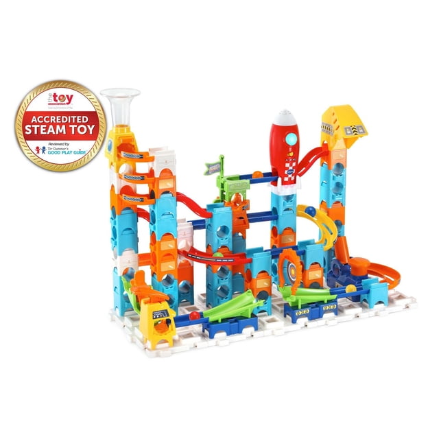 VTech Marble Rush Launchpad Set Marble Run Building Set with 89 multicolour pieces including blue, orange, yellow, and green ramps, extreme launchers, and a musical light-show rocket ship on a white base grid, designed for STEAM education and marble racing, suitable for kids 4+ years.