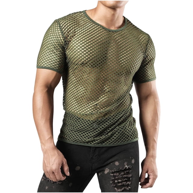 QIPOPIQ Men's T-Shirt Mesh Fishnet Sleeveless Undershirt Hollow Out Top Clearance