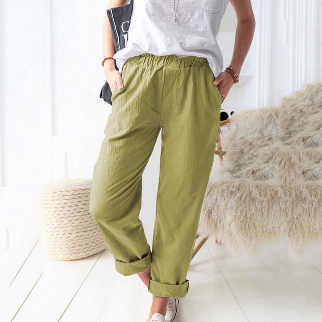 Mikilon Women Casual Solid Color Pockets Elastic Waist Comfortable Straight Pants