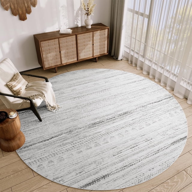 Round Rug for Living Room 9x9ft Boho Area Rugs Machine Washable Rugs for Bedrooms Nursery Dining Room White & Grey Moroccan Circle Rug Modern Non Slip Round Carpet
