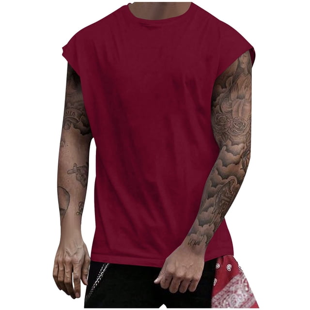 BADHUB Mens Workout Hooded Tank Tops Drawstring Muscle Stretch Sleeveless Solid Color Shirts Loose Gym Vest Clearance Wine L