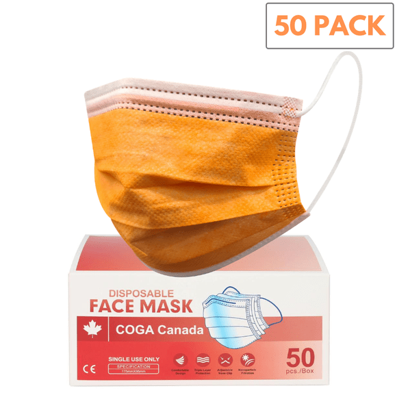 COGA Canada - ORANGE 50 Pack 3ply Disposable Face Mask Non Medical Non Surgical