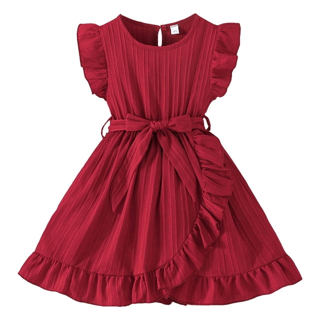 Splozh Robes Formelles Filles Robes Printemps Été Manches Volantées Coupe Trapèze avec Ceinture Poches Robe Décontractée de Fête pour Enfants Rouge, 4-5 Ans