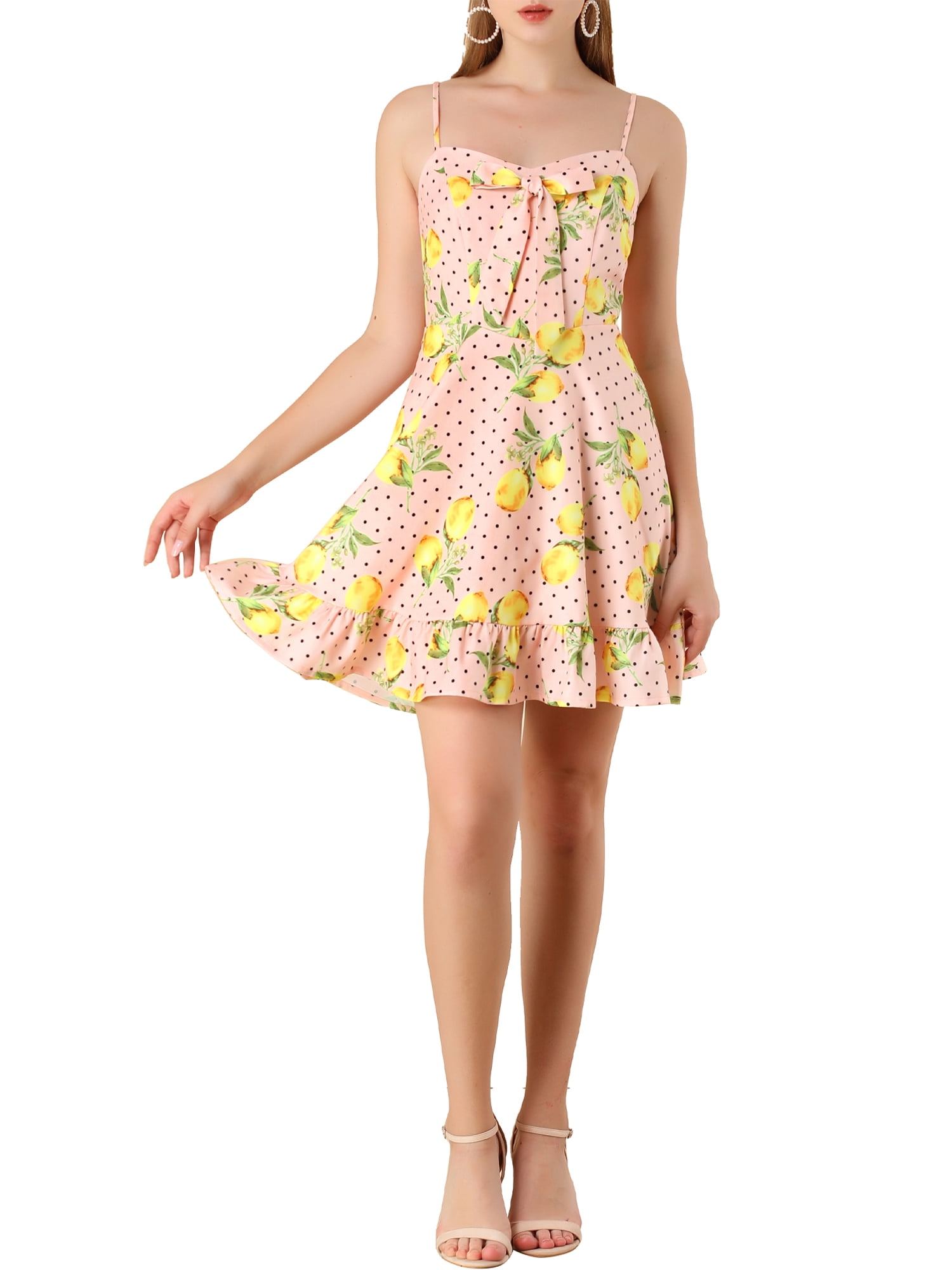 INSPIRE CHIC Robe à Pois Citron pour Femme à Bretelles Spaghetti avec Nœud