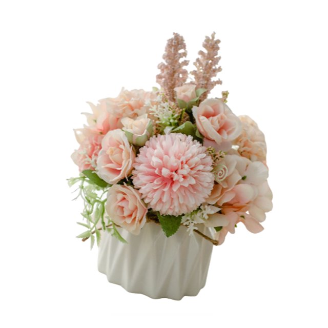 yingyy Artificial Flowers Ceramic Vase Nordic Style Faux Rose Fake Rope Home Decor Planter Container for Wedding Rose pink