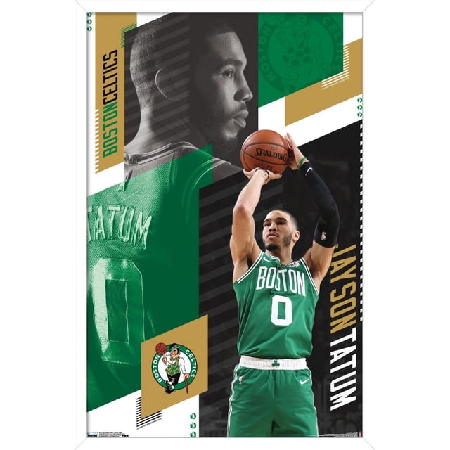 NBA Boston Celtics - Jayson Tatum 19 Wall Poster, 22.375" x 34" featuring a composite design with a green-toned close-up of Jayson Tatum's jersey back showing his name and number 0, alongside a full-color action shot of him shooting a basketball in his green Boston Celtics uniform, accented with black, white, and gold geometric shapes and the Boston Celtics logo.