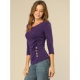 thumbnail image 2 of INSPIRE CHIC Women's Button Decor V Neck 3/4 Sleeve Solid Blouse Knitted Ruched Top, 2 of 6