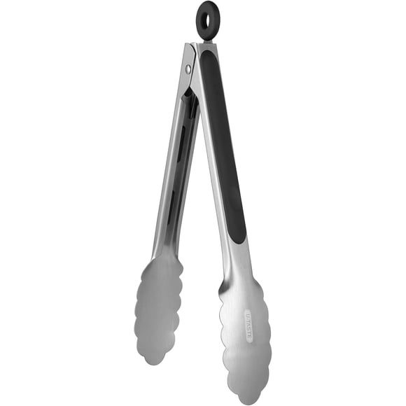 18/8 Stainless Steel Kitchen Tong: U-Taste 9 inch Heat Resistant Cooking Tong with Sturdy Metal Tips & Non Slip Silicone Handle & Smooth Locking for Serving Food Salad Grill BBQ (Black)