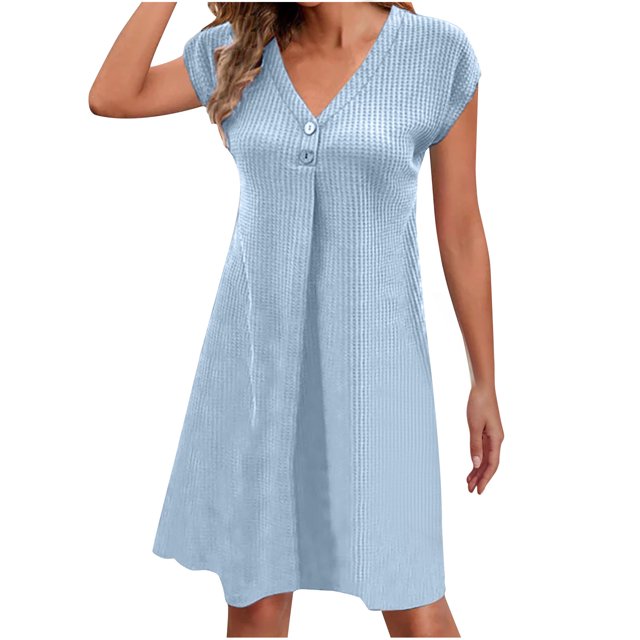 Robes pour Femmes 2024 Été Surdimensionnée Col en V Décontractée à Boutons Manches Courtes Robe Mini Rabais de 50 % Liquidation!