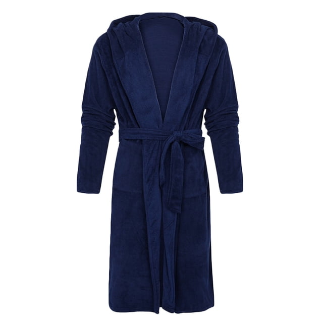 SHTXOZHI Men's Flannel Robe Warm Fleece Hooded Spa Bathrobe Winter Soft Robes with Pockets in a deep navy blue colour. This full-length robe features a hood, long sleeves, a matching belt for adjustable fit, and two front pockets for convenience. Made from ultra-soft fleece material, it is lightweight and designed for warmth and comfort during fall and winter. Ideal for lounging, post-shower relaxation, or as cozy sleepwear. Machine washable for easy care.