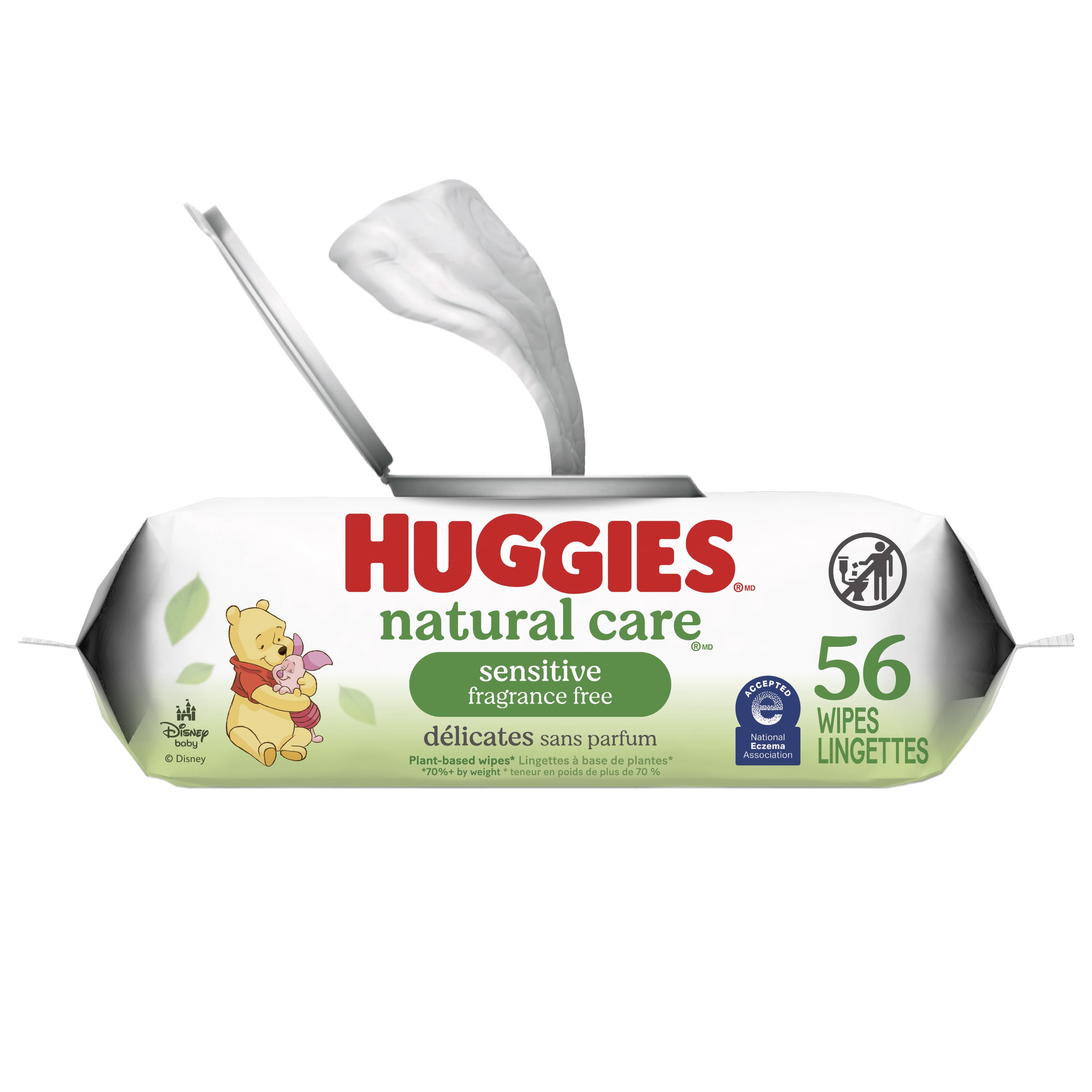 Huggies Natural Care pour peau sensible, Lingettes pour bébés, Non parfumé, 1 emballage à couvercle rabattable, total de 56 lingettes