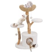 43" Modern Natural Wood Cat Tree for Cats Aesthetic Cat Tower with Large Basket, Scratching Posts and Real Branch Design, White Luxury Cats Tree