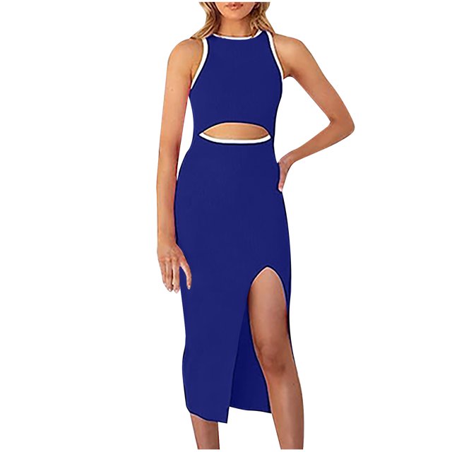 AherBiu Robes pour Femmes Sans Manches à Découpes, Fente, Robe Midi à Col Ras du Cou, Coupe Ajustée, Robes pour Formes pour Femmes