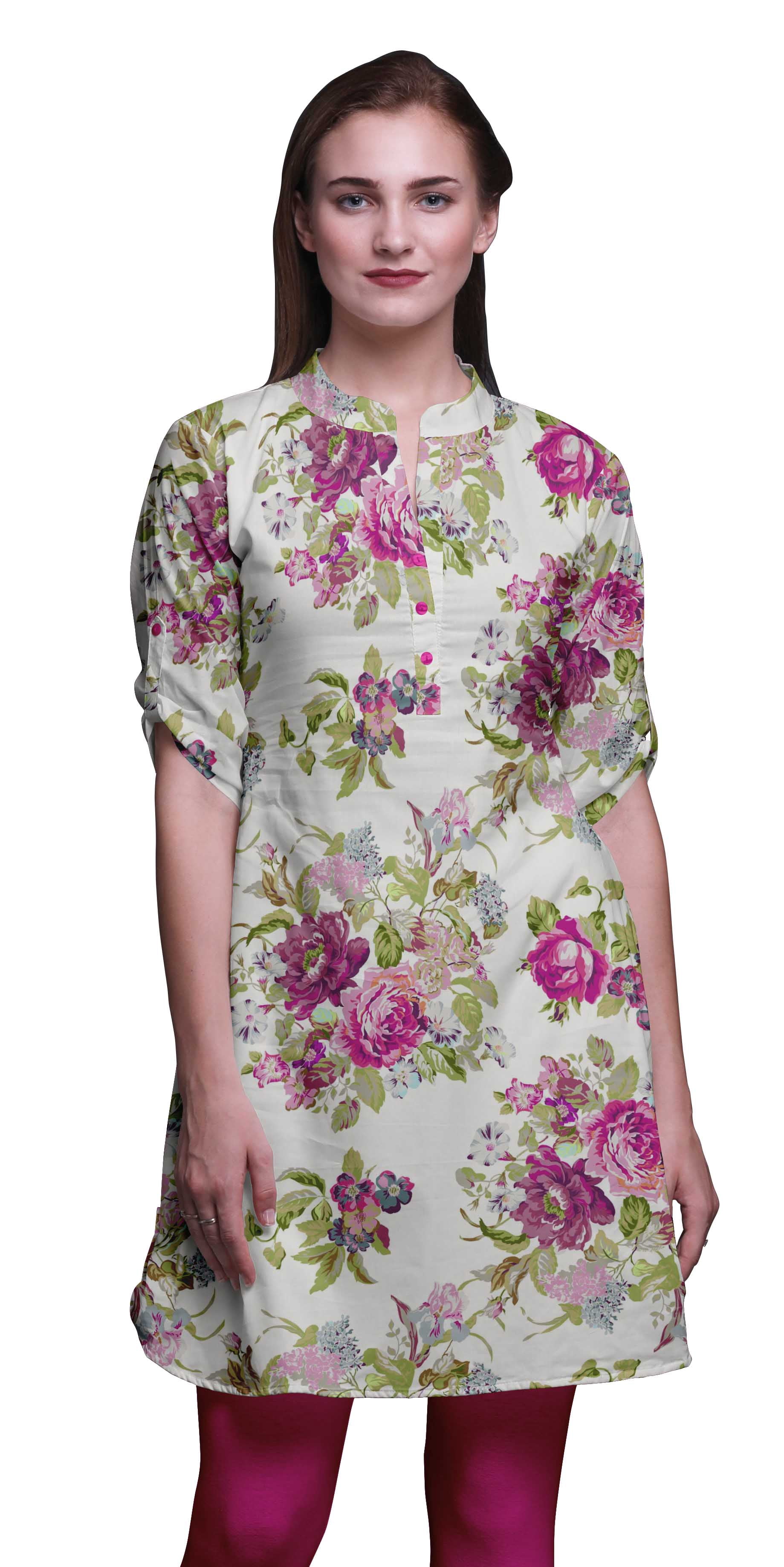 Bimba Roll Up Sleeve Kurti For Women Printed Mandarin Collar Short Kurti Tops