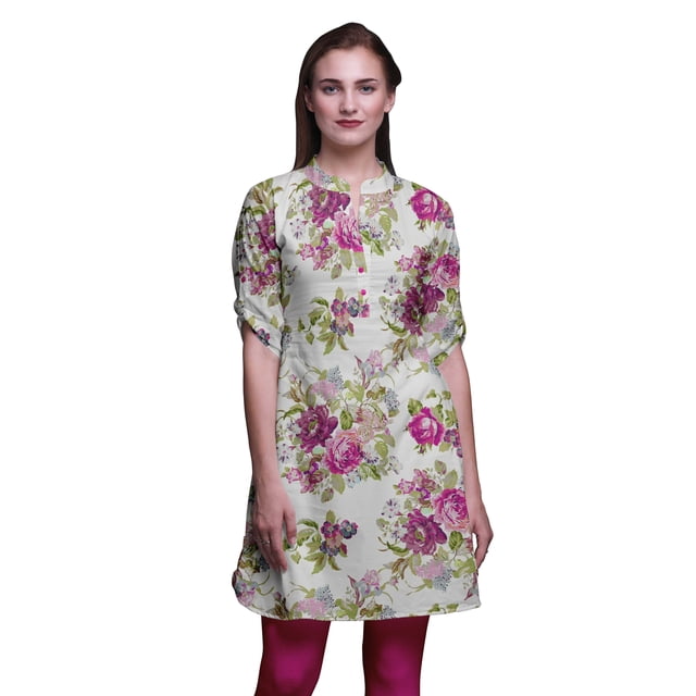 Bimba Women Straight Kurta Mandarin Collar Printed Dress Short Kurti Tops