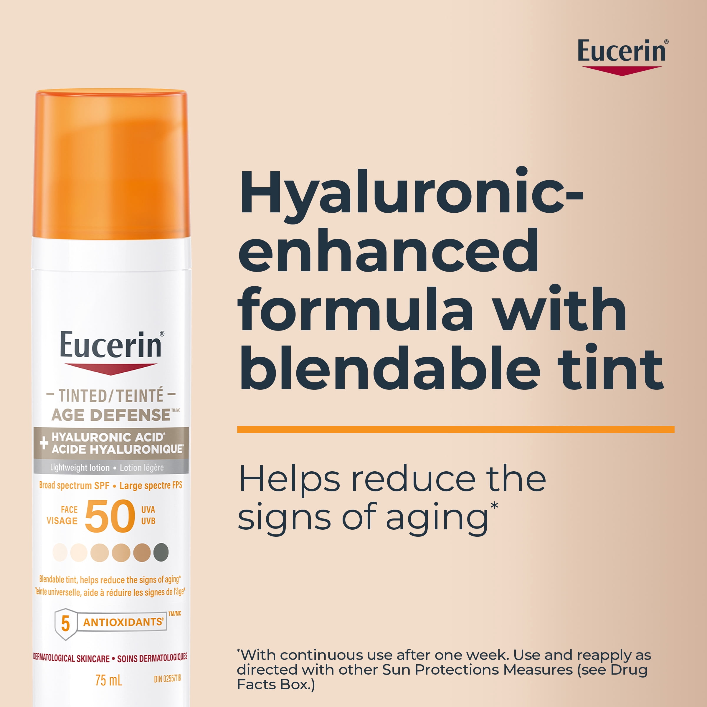 Eucerin Age Defense Teinté FPS 50 Lotion Écran Solaire Visage avec Acide Hyaluronique, 75 ml
