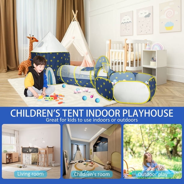 Maison De Jeu 3 En 1 Pop-up – Tunnel Rampant + Piscine à Balles + Tente Tipi – Intérieur/extérieur – Panier Basket – Dès 3 Ans